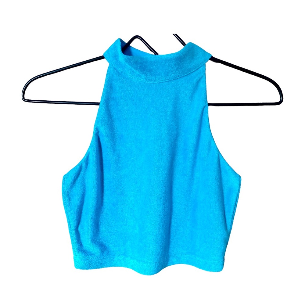 Fabletics NWT Aqua Blue Terry Cropped Halter Tank Lightweight Athletic Crop Top